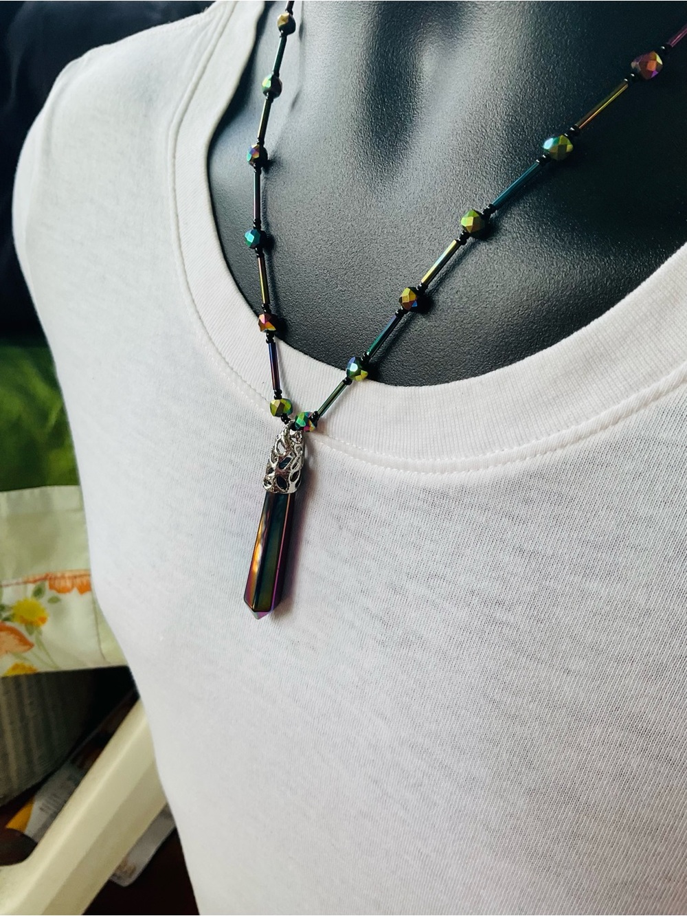 Men’s Hexagonal Rainbow Hematite Necklace 🩵💜